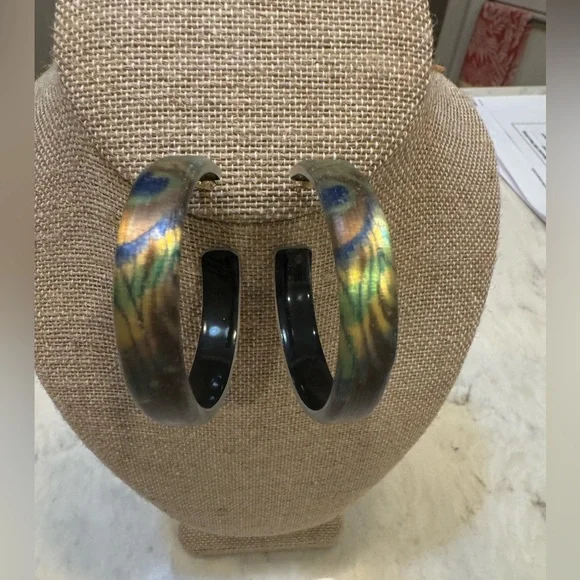 Alexis Bittar RARE peacock feather lucite 2” hoop earrings STUNNING - Picture 4 of 9